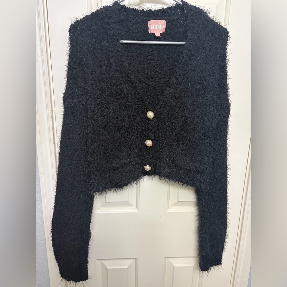 Show Me Your MuMu Black Fuzzy V-Neck Cardigan with Pearl Buttons